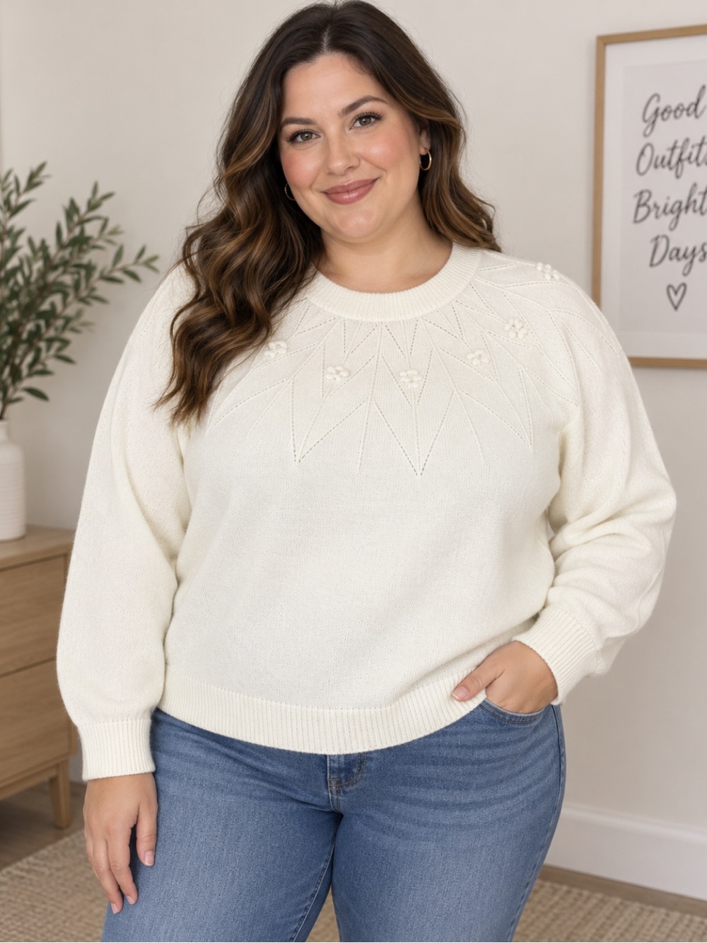 Croft & Barrow Women’s Plus Size 2X Cream Geometric Knit Crewneck Sweater